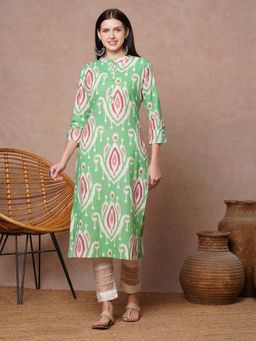 FASHOR - Green Ikat Foil Printed Straight Fit Kurta