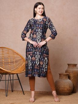 FASHOR - Black Ikat Printed and Embroidered Straight Fit Kurta