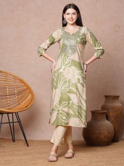 FASHOR - Green Abstract Floral Printed and Embroidered Straight Fit Kurta