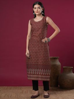 FASHOR - Maroon Printed Straight Fit Kurta