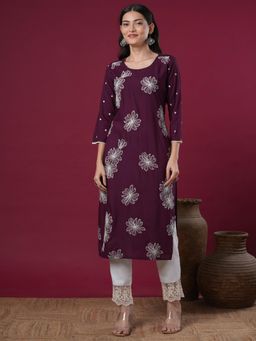 FASHOR - Purple Floral Embroidered Straight Fit Kurta