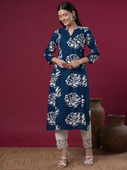 FASHOR - Blue Floral Printed Straight Fit Kurta