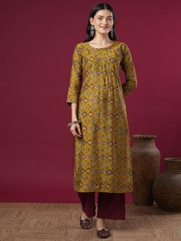 FASHOR - Mustard Geometric Printed And Embroidered Straight Fit Kurta