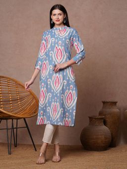 FASHOR - Blue Ikat Foil Printed Straight Fit Kurta