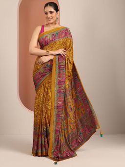 Libas - Mustard Tribal Printed & Tassels Border Saree with Unstitched