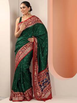 Libas - Green Printed & Ethnic Motif Border Saree with Unstitched