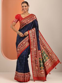 Libas - Navy Blue Printed & Ethnic Motif Border Saree with Unstitched