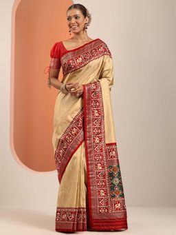 Libas - Beige Printed & Ethnic Motif Border Saree with Unstitched