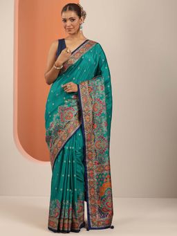 Libas - Teal Ethnic Motif Printed & Printed Border Saree with Unstitched