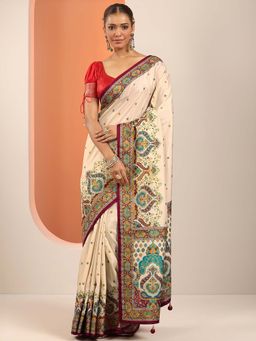 Libas - Cream Ethnic Motif Printed & Printed Border Saree with Unstitched