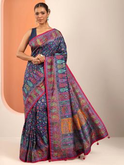 Libas - Navy Blue Floral Printed & Tassels Border Saree with Unstitched
