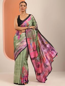 Libas - Olive Printed & Tassels Border Saree with Unstitched