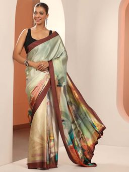 Libas - Green Printed & Tassels Border Saree with Unstitched