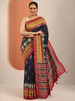 Libas - Navy Blue Ethnic Motif Printed & Tassels Border Saree with Unstitched