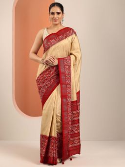 Libas - Beige Printed & Ethnic Motif Border Saree with Unstitched