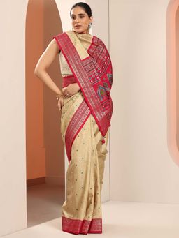 Libas - Beige Zari Woven & Tassels Border Saree with Unstitched