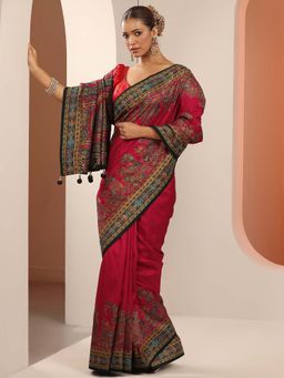 Libas - Red & Floral Printed Border Saree with Unstitched