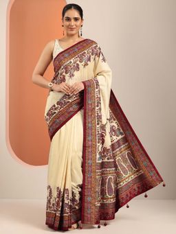 Libas - Cream & Floral Printed Border Saree with Unstitched