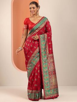 Libas - Red Ethnic Printed & Tassels Border Saree with Unstitched