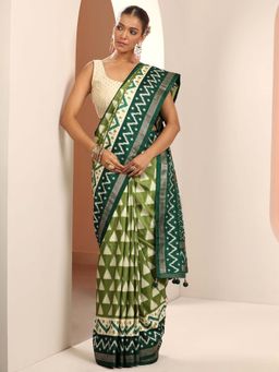 Libas - Green Printed & Zari Border Saree with Unstitched