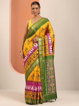 Libas - Yellow Printed & Zari Border Saree with Unstitched