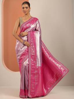 Libas - Lavender Woven Design & Zari Embroidered Border Saree with Unstitched