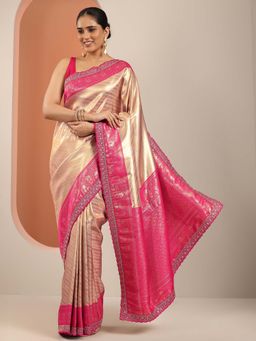 Libas - Beige Woven Design & Zari Embroidered Border Saree with Unstitched