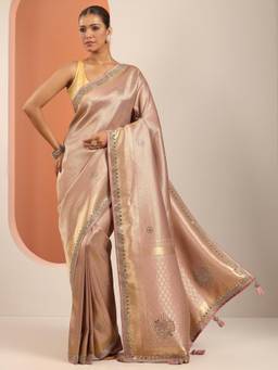 Libas - Peach Woven Design & Beads Embellishment Border Saree with Unstitched