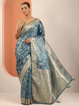 Libas - Blue Woven Design & Zari Work Border Saree with Unstitched