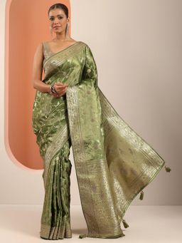 Libas - Green Woven Design & Zari Work Border Saree with Unstitched