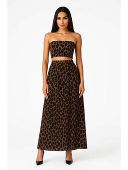 The Clothing Factory - Brown Animal Print Tube Top with Maxi Skirt with Scarf Co-Ord's