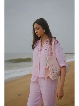 KAVANA - Women Floral Embroidered Pink Ira Linen Shirt With Pant Co-Ord's