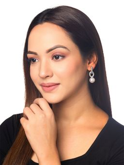 Yellow Chimes - Rhodium-Plated American Diamond White Pearl Drop Earrings