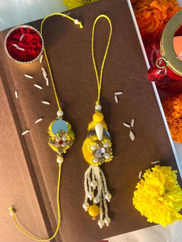 I Jewels - Yellow Pearl Studded Beaded Rakhi With Lumba & Roli Chawals