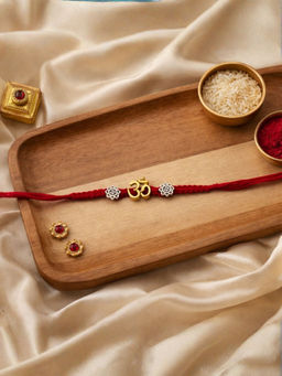 I Jewels - Gold Plated Om Thread Rakhi With Roli Chawal Rakshabandhan Card