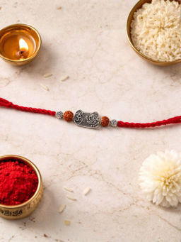 I Jewels - Om Rudraksha Silver Tone Rakhi With Roli Chawal Rakshabandhan Card