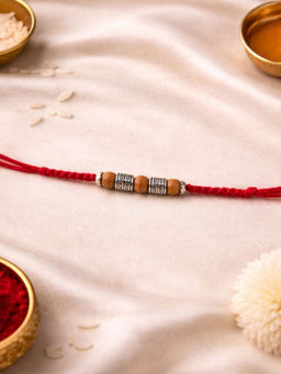I Jewels - Wooden Silver Tone Beads Thread Rakhi With Roli Chawal Rakshabandhan Card