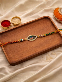 I Jewels - Evil Eye Ad Stones Multicolor Beads Rakhi With Roli Chawal Rakshabandhan Card
