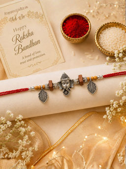 I Jewels - Traditional Silver Plated Ganesha Rakhi With Roli Chawal Rakshabandhan Card