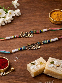 I Jewels - Peacock Thread Rakhi With Roli Chawal Rakshabandhan Card (Pack of 2)