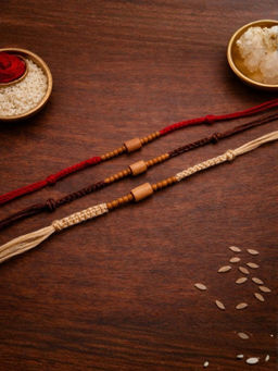I Jewels - Wooden Beads Thread Rakhi With Roli Chawal Rakshabandhan Card (Pack of 3)