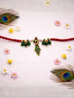 I Jewels - Elegant Peacock Thread Rakhi With Roli Chawal Rakshabandhan Card