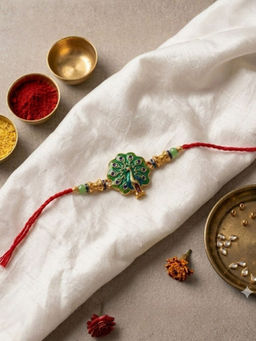 I Jewels - Peacock Design Thread Rakhi With Roli Chawal Rakshabandhan Card
