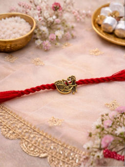 I Jewels - Gold Plated Peacock Thread Rakhi With Roli Chawal Rakshabandhan Card