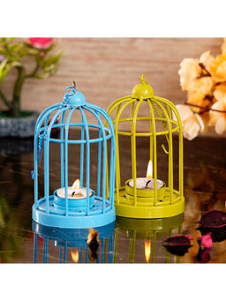 eCraftIndia - Set Of 2 Blue And Green Cage Tea Light Holder With Hanging Chain