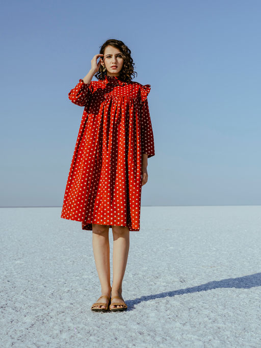 Buy JILMIL Womens Polka Dot Rust Cotton Comfort Fit Knee Length Dress Online