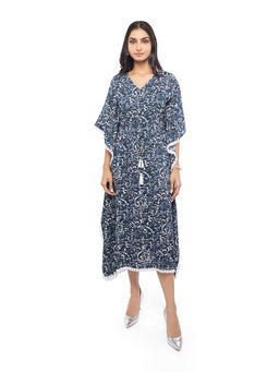 ZLAATA - Blue Printed Lace Detailed Kaftan Dress