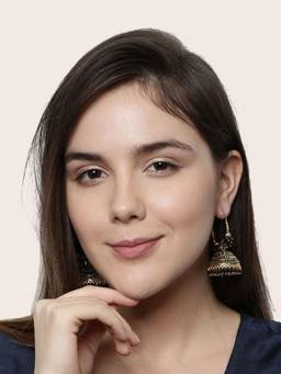 Anika's Creations - Black & Gold-Plated Enamelled Dome Shaped Jhumkas