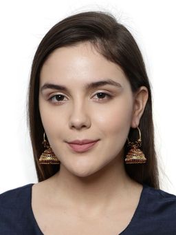 Anika's Creations - Maroon & Gold-Plated Enamelled Dome Shaped Jhumkas
