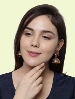 Anika's Creations - Gold Plated & Maroon Enamelled Peacock Shaped Jhumkas